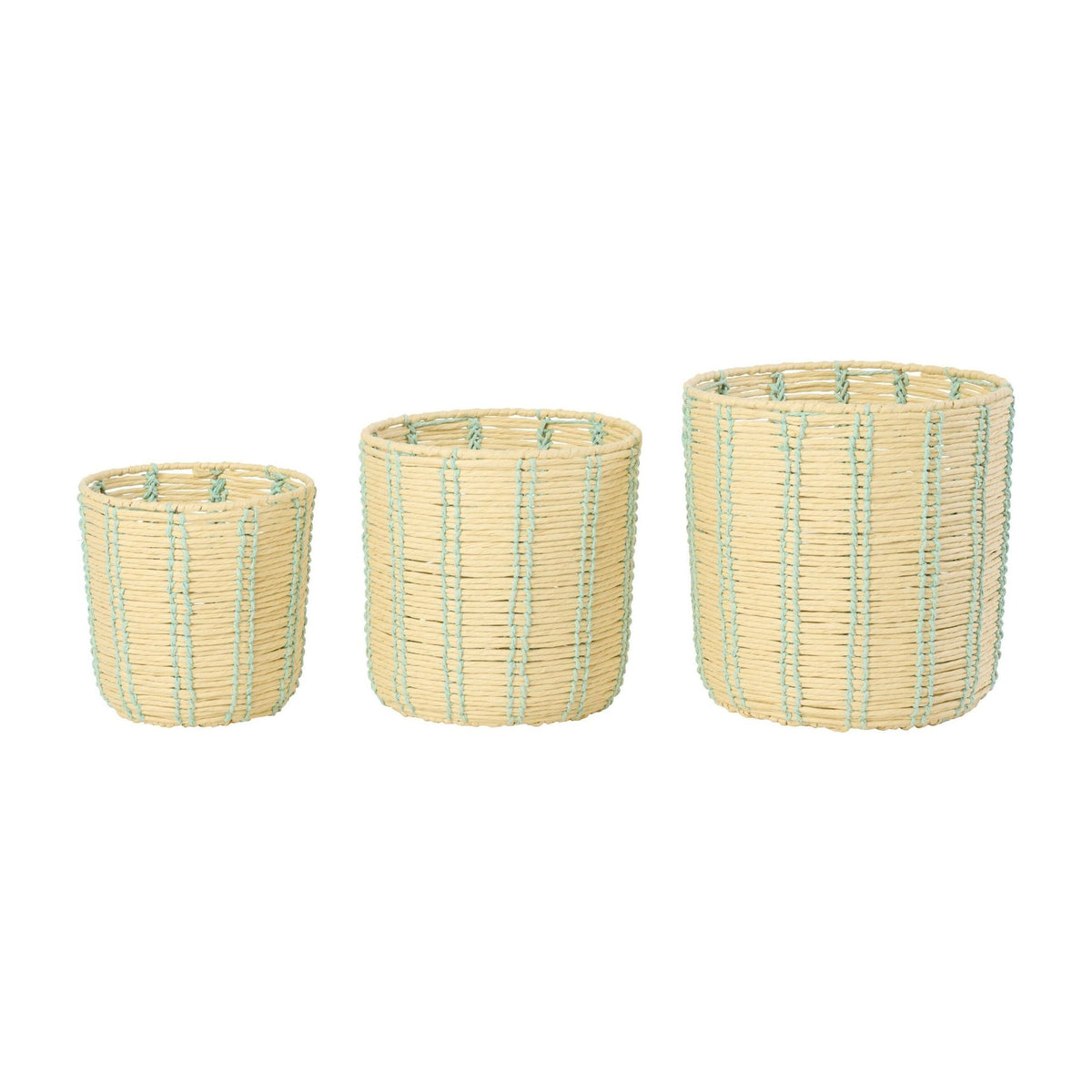 Round Striped Paper Baskets Natural/Azure Blue Set of 3 J-Line