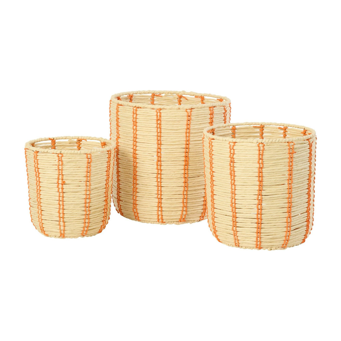 Round Striped Paper Baskets Natural/Orange Set of 3 J-Line