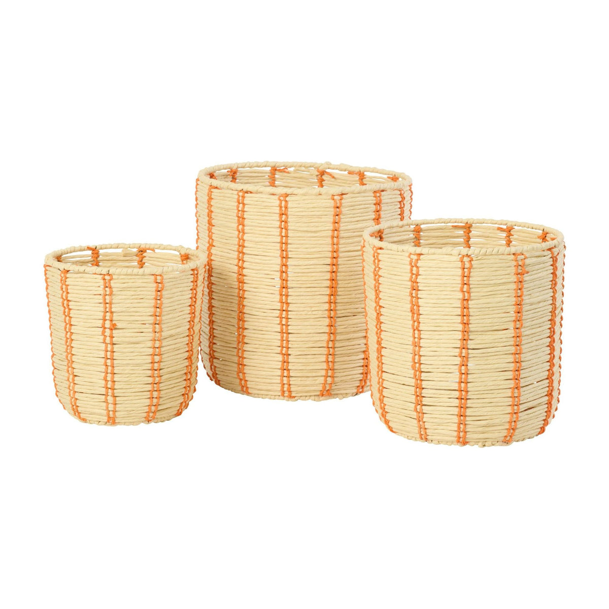 Round Striped Paper Baskets Natural/Orange Set of 3 J-Line