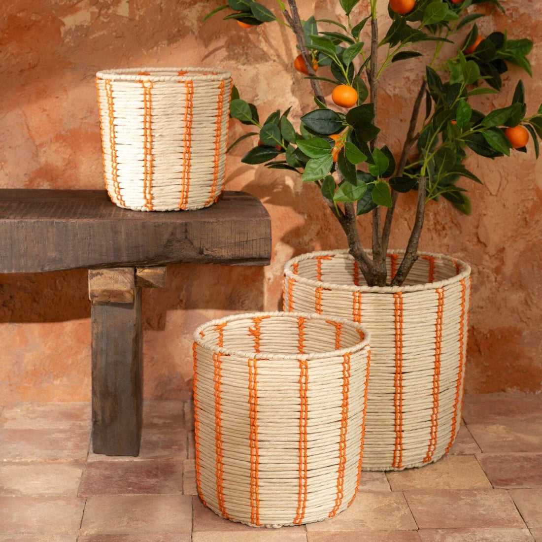 Round Striped Paper Baskets Natural/Orange Set of 3 J-Line