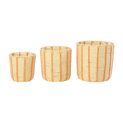 Round Striped Paper Baskets Natural/Orange Set of 3 J-Line