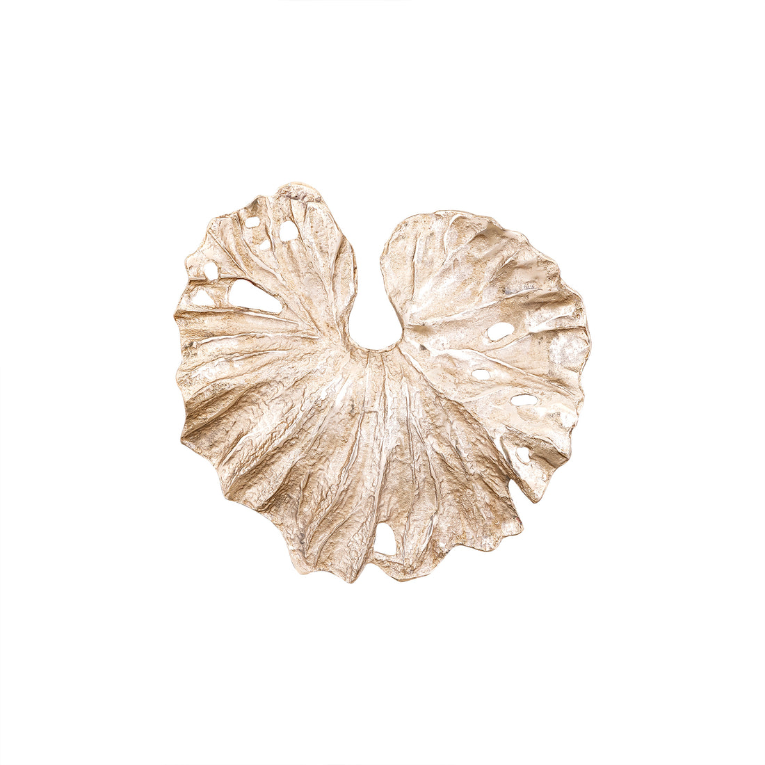 Merial Wandpaneel Lotusblad Small van PTMD, vooraanzicht van het wandpaneel in champagne gegoten aluminium op wit
