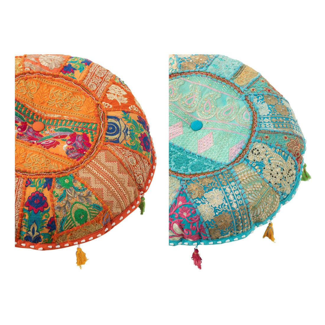 Pouf Round Flat Patterns + Tassels Cotton Orange/Blue Set of 2 J-Line