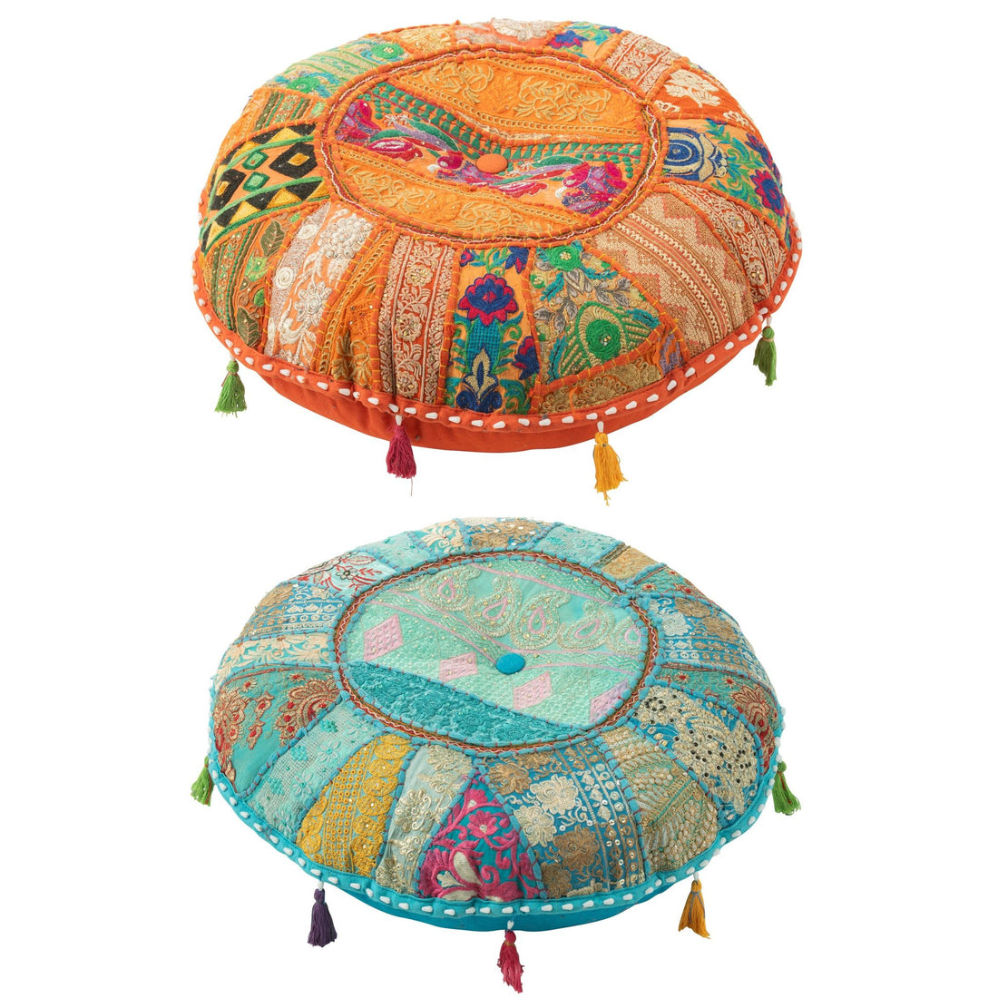 Pouf Round Flat Patterns + Tassels Cotton Orange/Blue Set of 2 J-Line