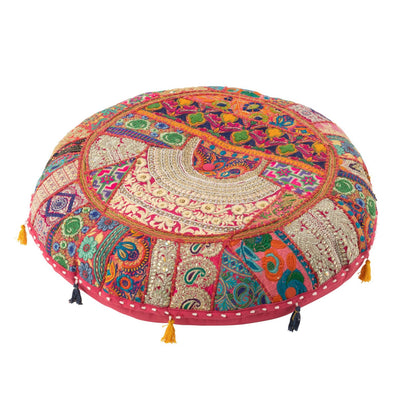 Pouf Round Flat Patterns + Tassels Cotton Pink J-Line