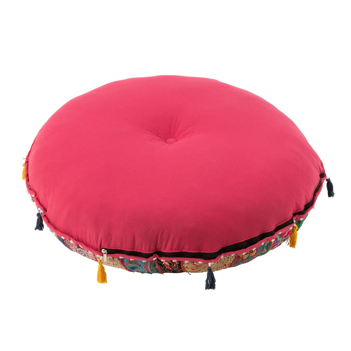 Pouf Round Flat Patterns + Tassels Cotton Pink J-Line