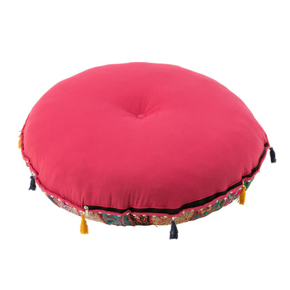 Pouf Round Flat Patterns + Tassels Cotton Pink J-Line