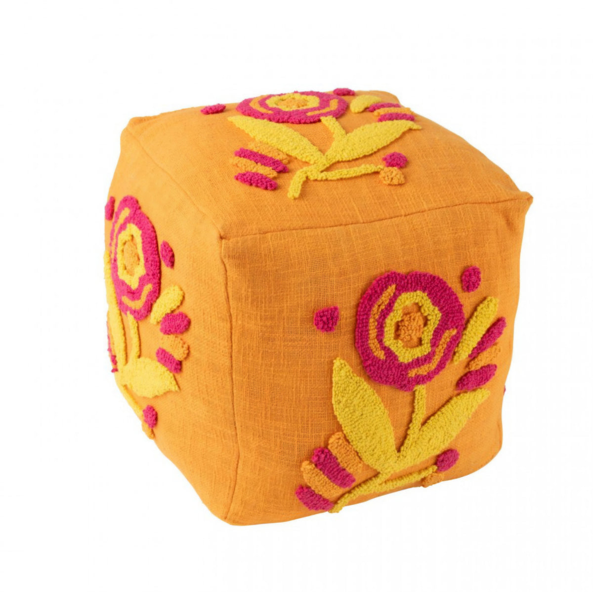 Square Flower Cotton Pouf Orange/Pink/Yellow J-Line