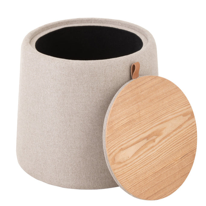 Poef/Bijzettafel Rond Textiel/Hout Beige - Poef - J-Line - livinglovely.nl
