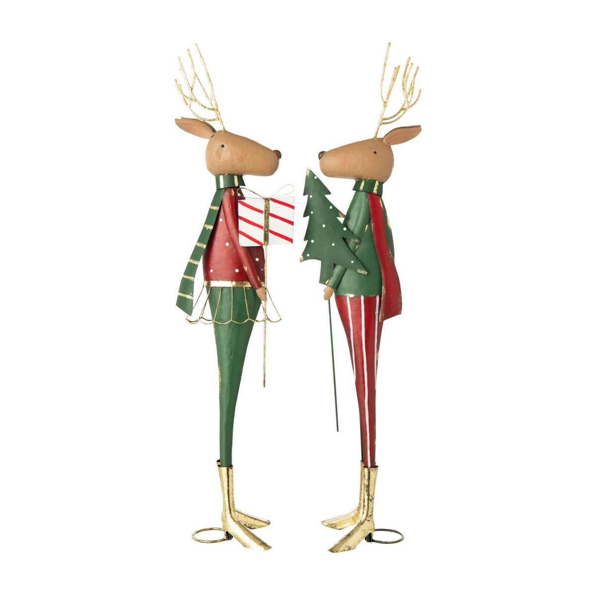 Reindeer with Christmas Tree and Gift Metal Red/Dark Green Assortment of 2 J-Line