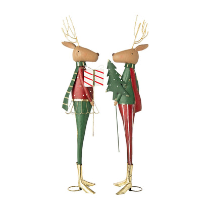 Reindeer with Christmas Tree and Gift Metal Red/Dark Green Assortment of 2 J-Line