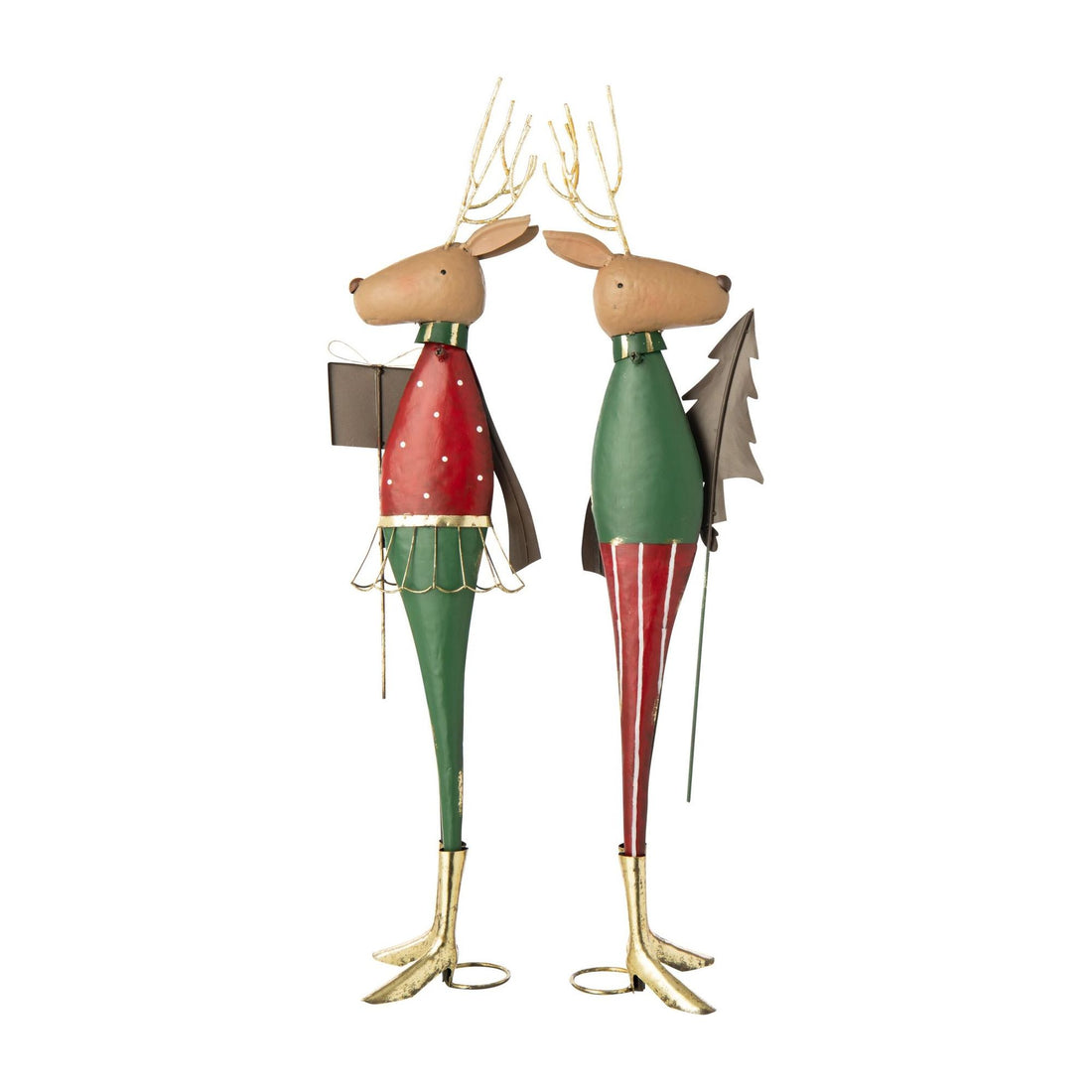 Reindeer with Christmas Tree and Gift Metal Red/Dark Green Assortment of 2 J-Line