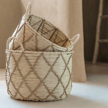 Set Of 3 Round Checkered Paper Baskets With Handles Natural/Beige J-Line