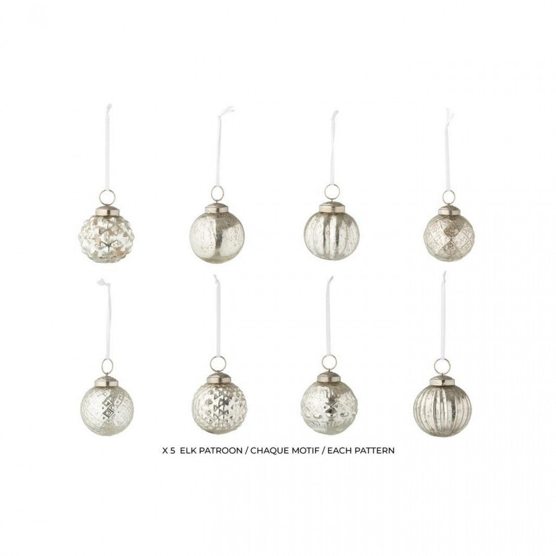 Box of 40 Christmas Baubles, 8 Patterns, Glass, Silver-Colored, J-Line