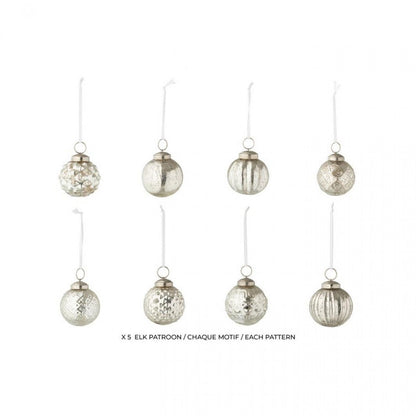 Box of 40 Christmas Baubles, 8 Patterns, Glass, Silver-Colored, J-Line