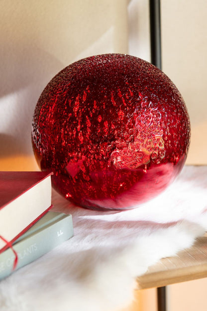 J-Line Set of 2 Crackle Glass LED Baubles, Christmas Red