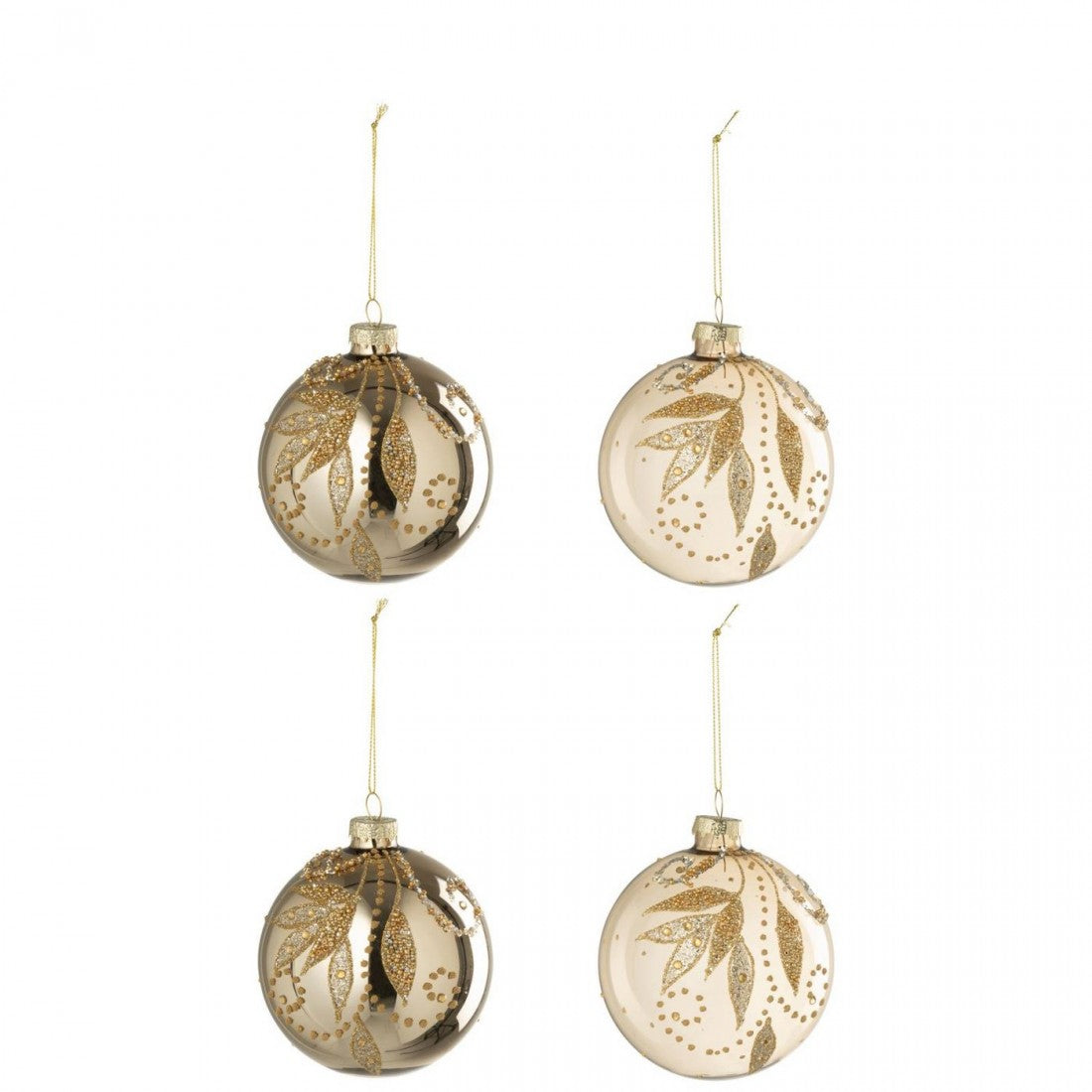 Box Of 4 Christmas Baubles Leaves + Dots Glass Gold-Colored J-Line