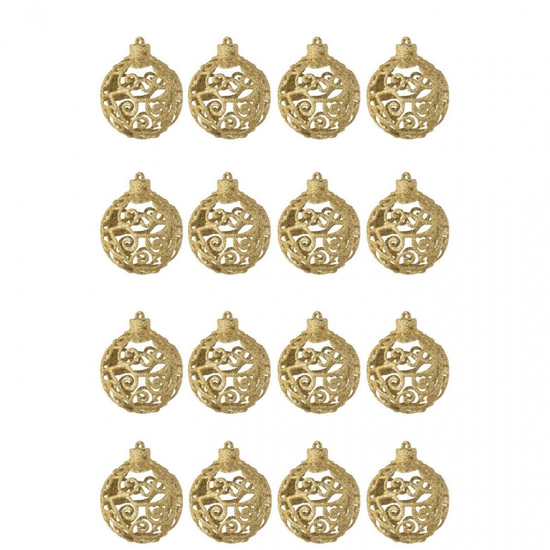 Box Of 16 Christmas Baubles Baroque Pattern Plastic Gold-Colored J-Line
