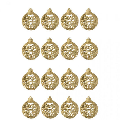 Box Of 16 Christmas Baubles Baroque Pattern Plastic Gold-Colored J-Line