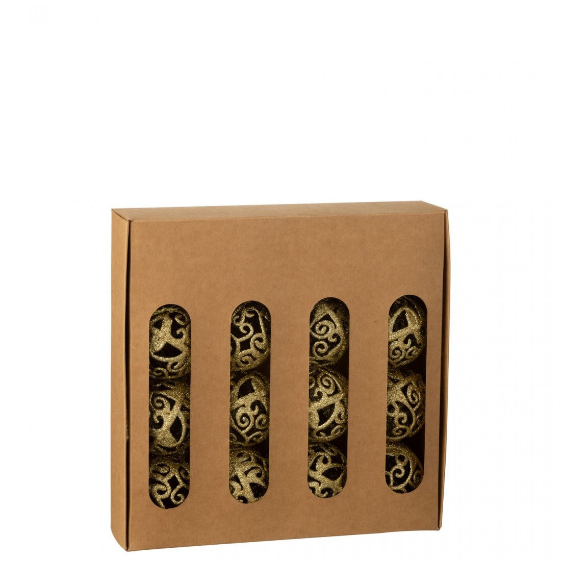 Box Of 16 Christmas Baubles Baroque Pattern Plastic Gold-Colored J-Line