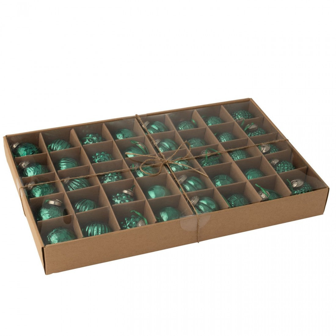 Box Of 40 Christmas Baubles 8 Patterns Glass Green J-Line