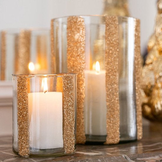 Set of 3 Lea Cylinder Striped Glass Gold Lanterns J-Line