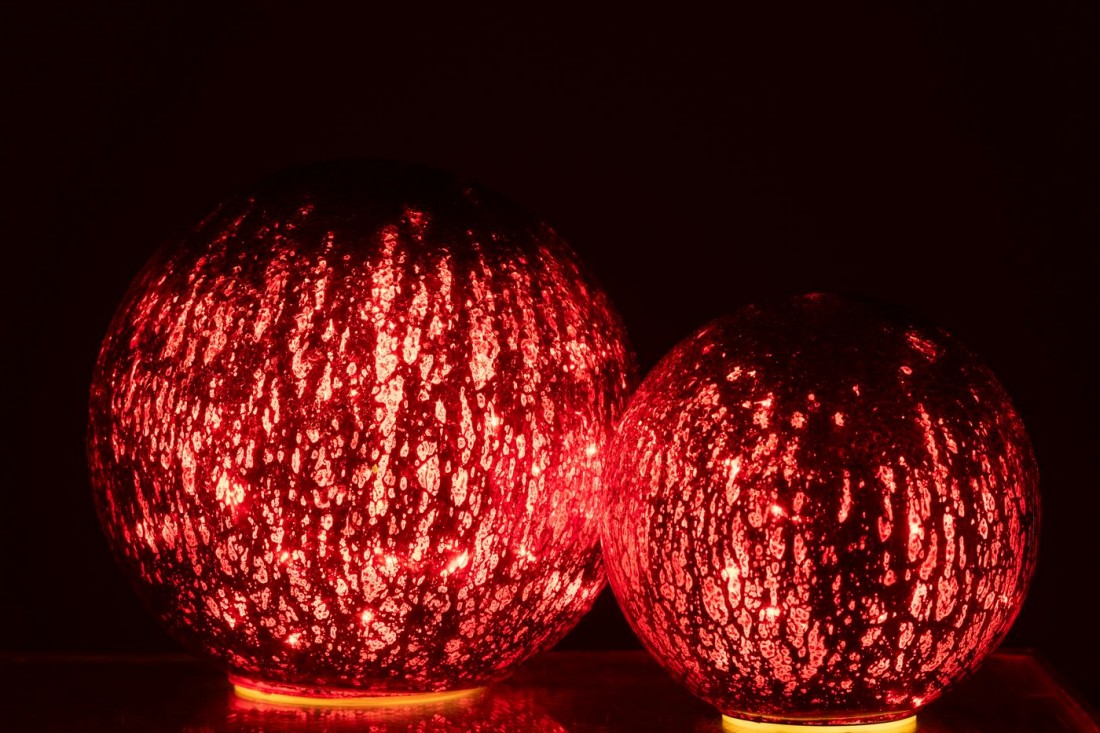 J-Line Set of 2 Crackle Glass LED Baubles, Christmas Red