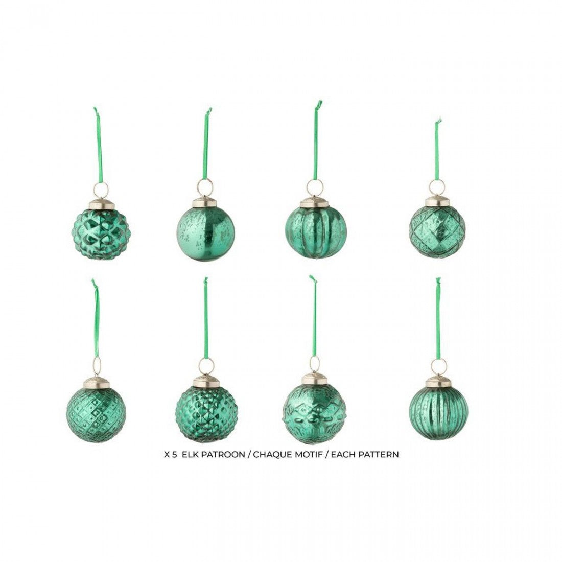 Box Of 40 Christmas Baubles 8 Patterns Glass Green J-Line