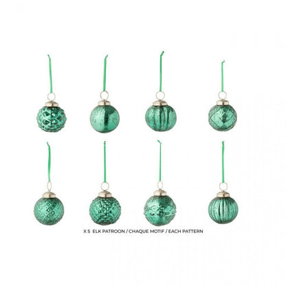 Box Of 40 Christmas Baubles 8 Patterns Glass Green J-Line