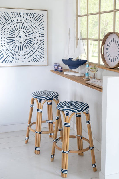 Outdoor Bar Stool Geo Round Rattan Blue/White J-Line