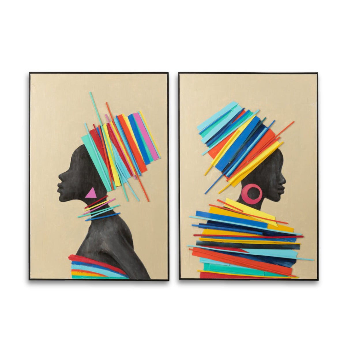 Schilderij Afrikaanse Vrouw Hout/Canvas Mix Set van 2 - Schilderij - J-Line - livinglovely.nl