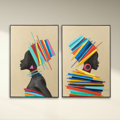 Schilderij Afrikaanse Vrouw Hout/Canvas Mix Set van 2 - Schilderij - J-Line - livinglovely.nl