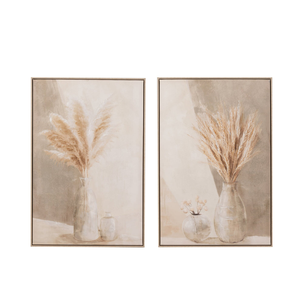 J-Line Set of 2 Beige Pampas Vase Paintings on Canvas/Wood