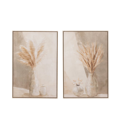 J-Line Set of 2 Beige Pampas Vase Paintings on Canvas/Wood