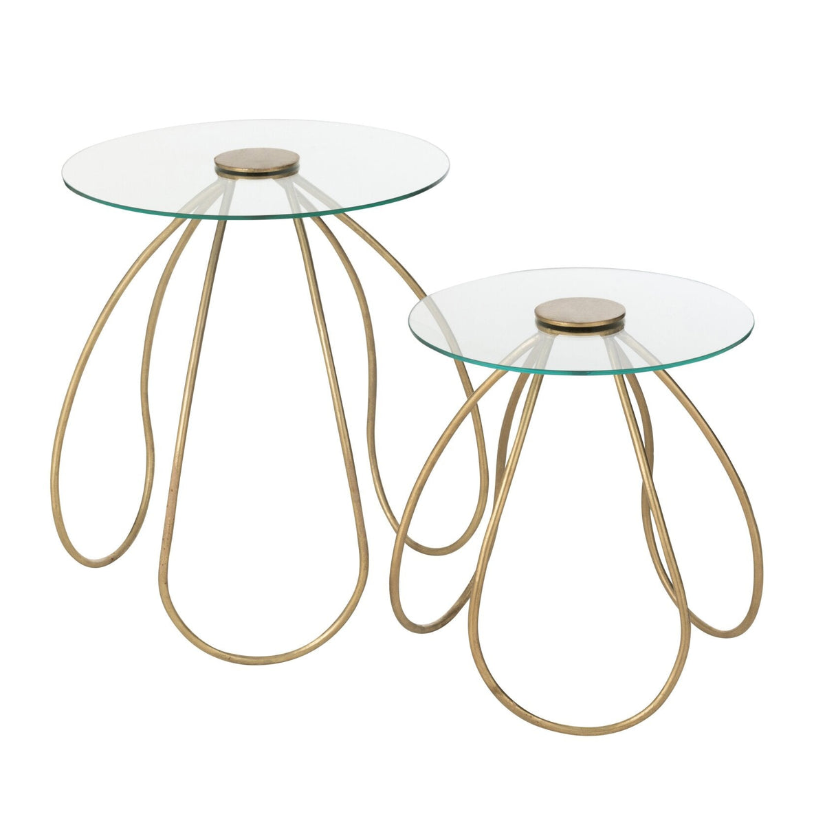 Set of 2 Side Tables Round Metal/Glass Gold J-Line