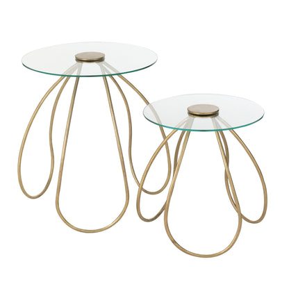 Set of 2 Side Tables Round Metal/Glass Gold J-Line