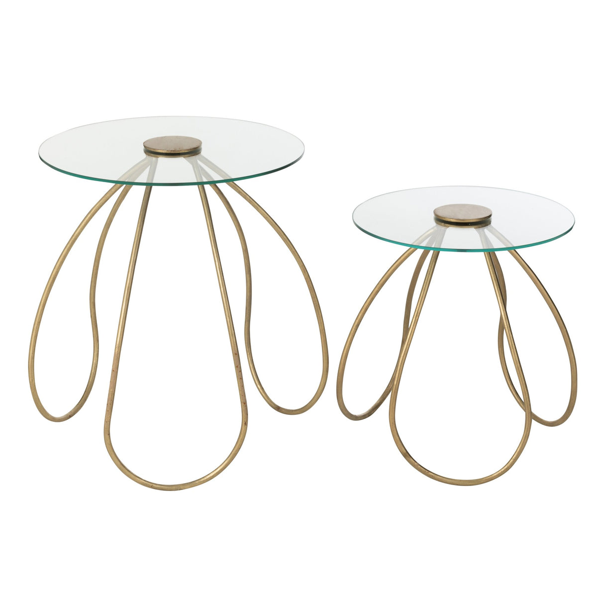 Set of 2 Side Tables Round Metal/Glass Gold J-Line