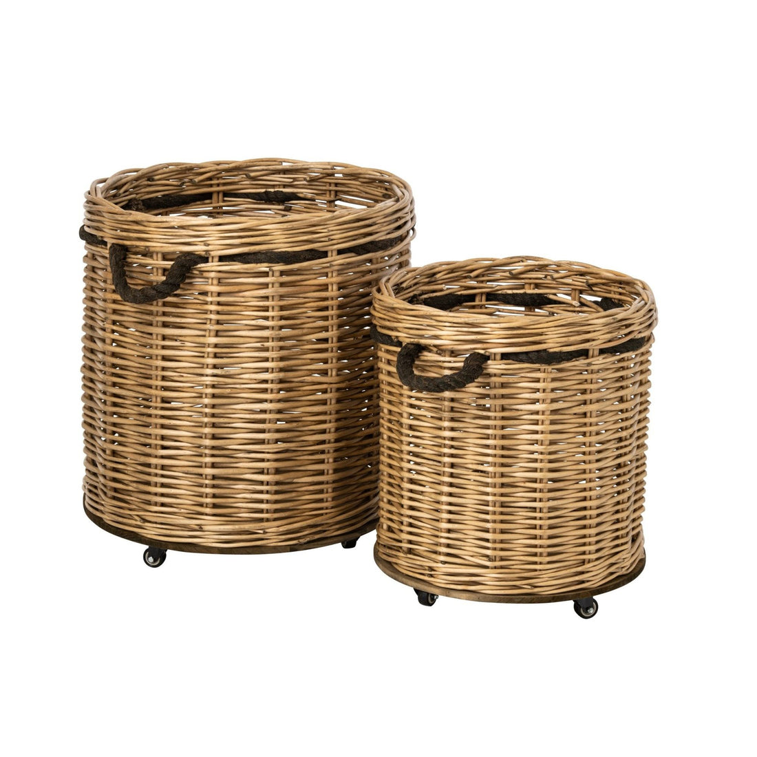 Set of 2 Round Wicker Flower Pots on Wheels Natural/Greige J-Line