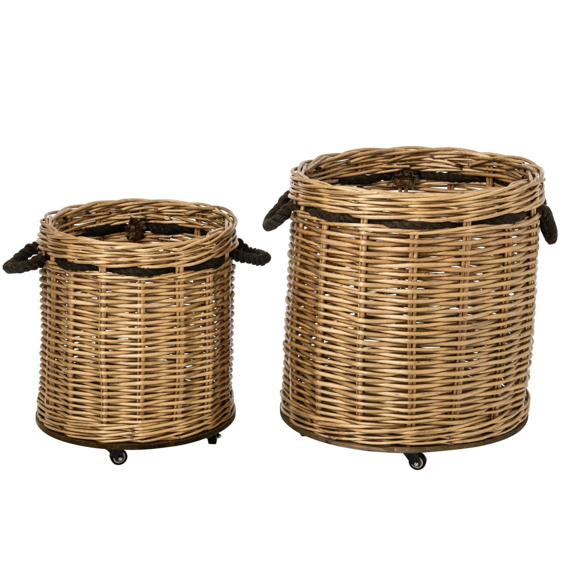 Set of 2 Round Wicker Flower Pots on Wheels Natural/Greige J-Line