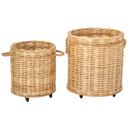 Set of 2 Round Natural Wicker Planters on Wheels J-Line