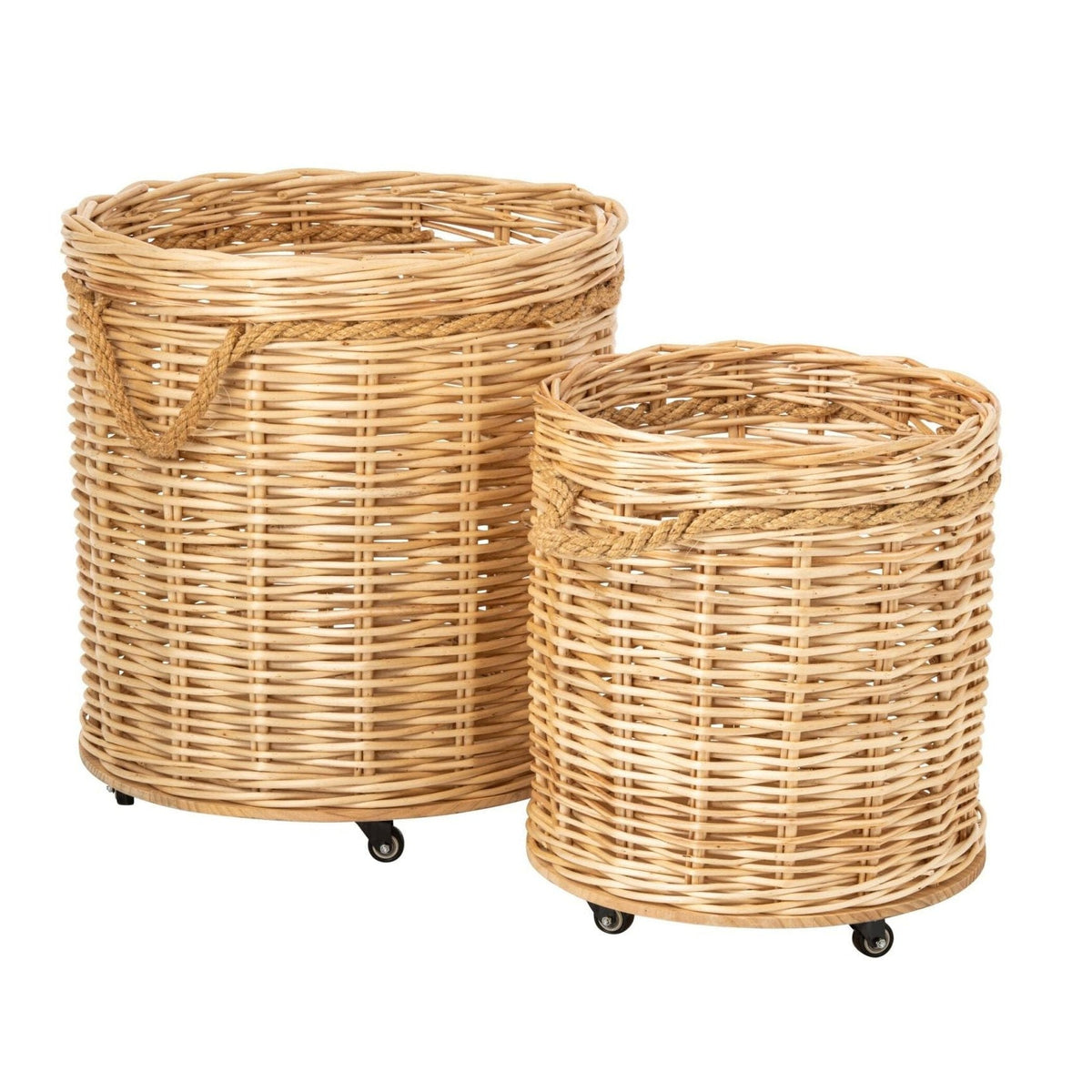 Set of 2 Round Natural Wicker Planters on Wheels J-Line
