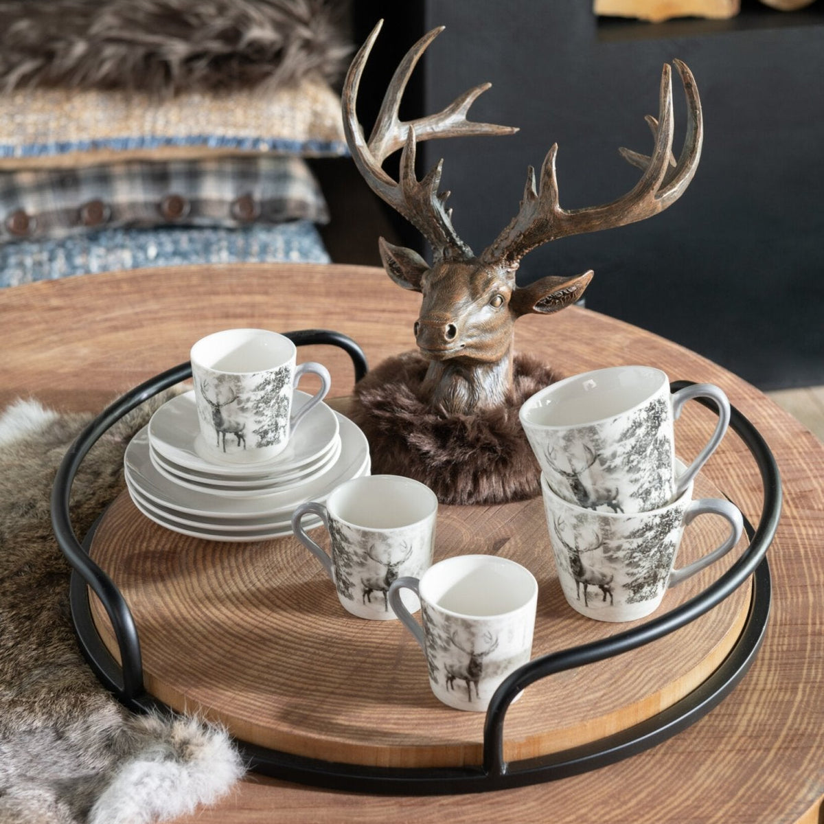 Set of 2 Round Trays MDF/Iron Natural/Black J-Line