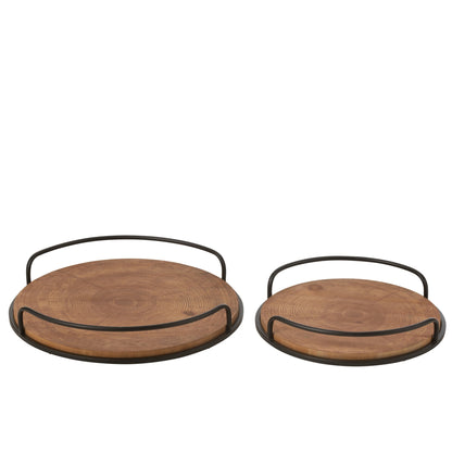 Set of 2 Round Trays MDF/Iron Natural/Black J-Line