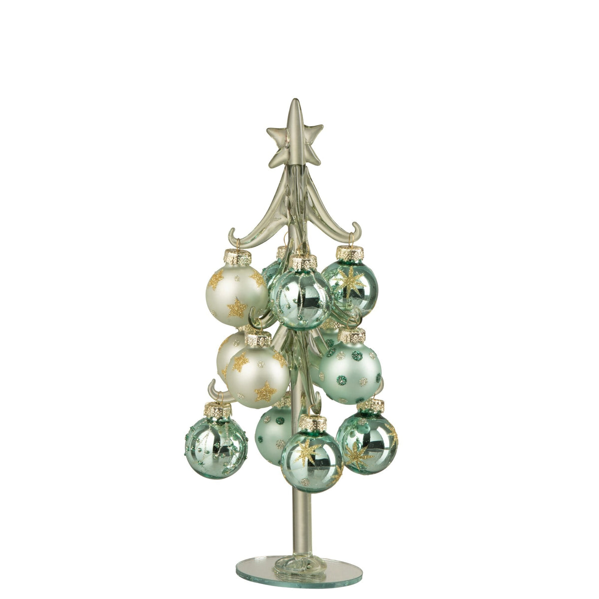 Kerstboom + Ballen Muntgroen Small uit de set van J-Line, glazen boompje van 21 cm met muntgroene balletjes