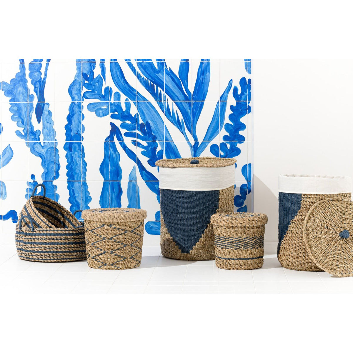 Set of 2 Baskets + Lids Striped Paper Natural/Blue J-Line