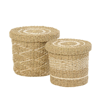 Set of 2 Baskets + Lids Striped Paper White/Natural J-Line