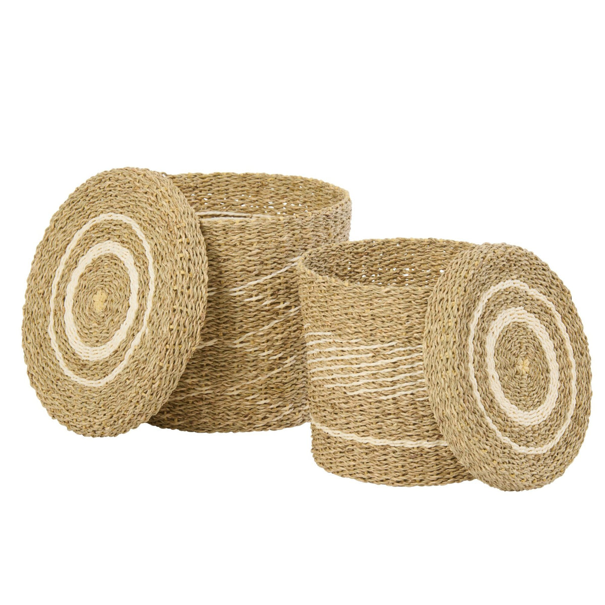 Set of 2 Baskets + Lids Striped Paper White/Natural J-Line