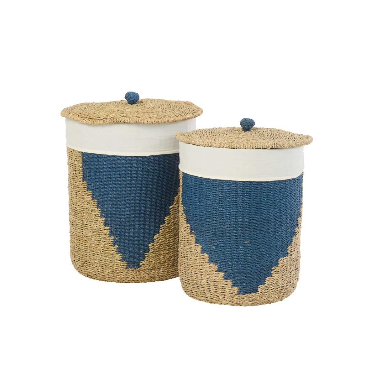 Set of 2 Baskets + Lids Paper Natural/Blue J-Line