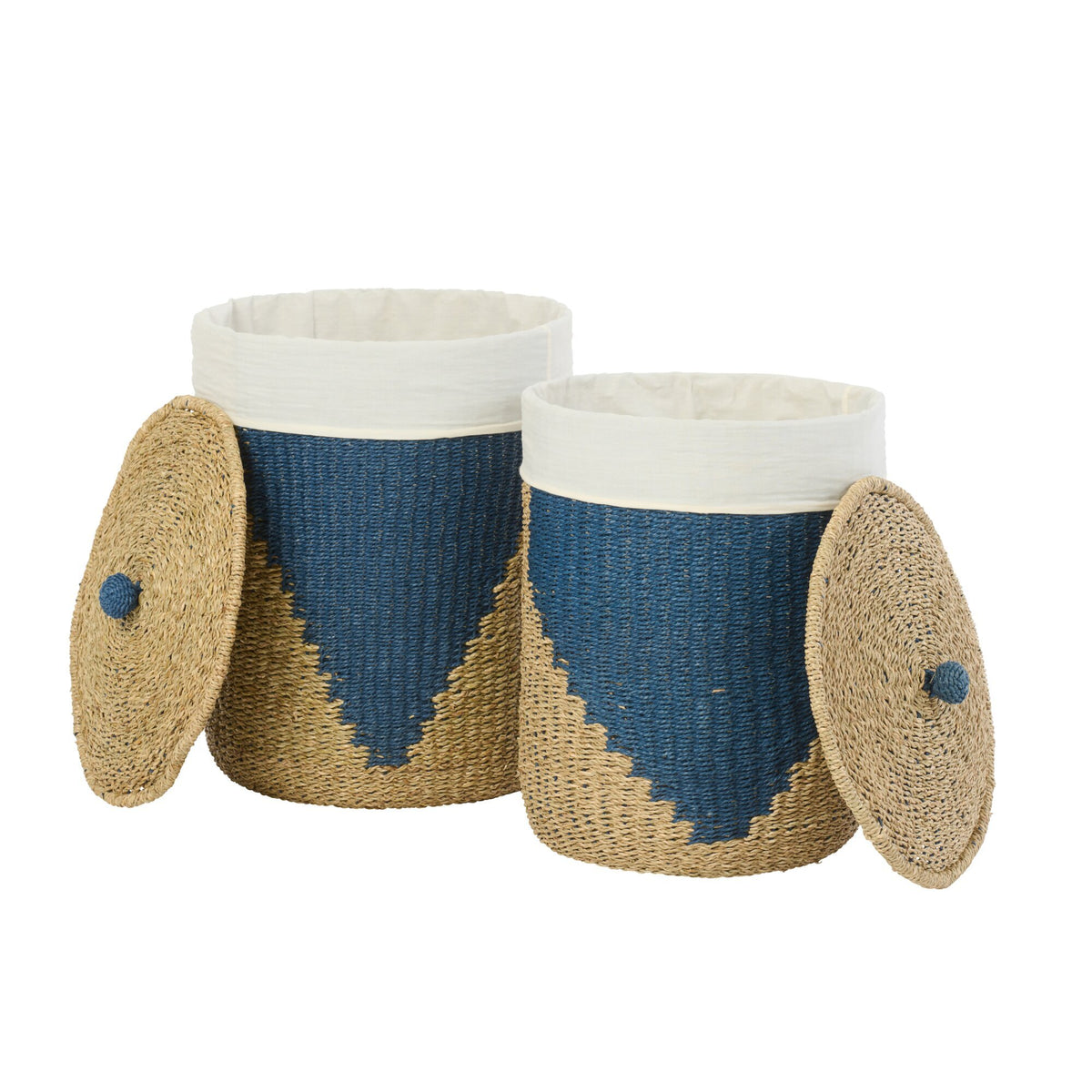 Set of 2 Baskets + Lids Paper Natural/Blue J-Line