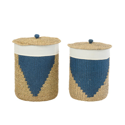 Set of 2 Baskets + Lids Paper Natural/Blue J-Line